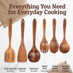 PriorityChef Wooden Spoons for Cooking, Premium 6pc Teak Wood Utensil Set with Hanging Hooks