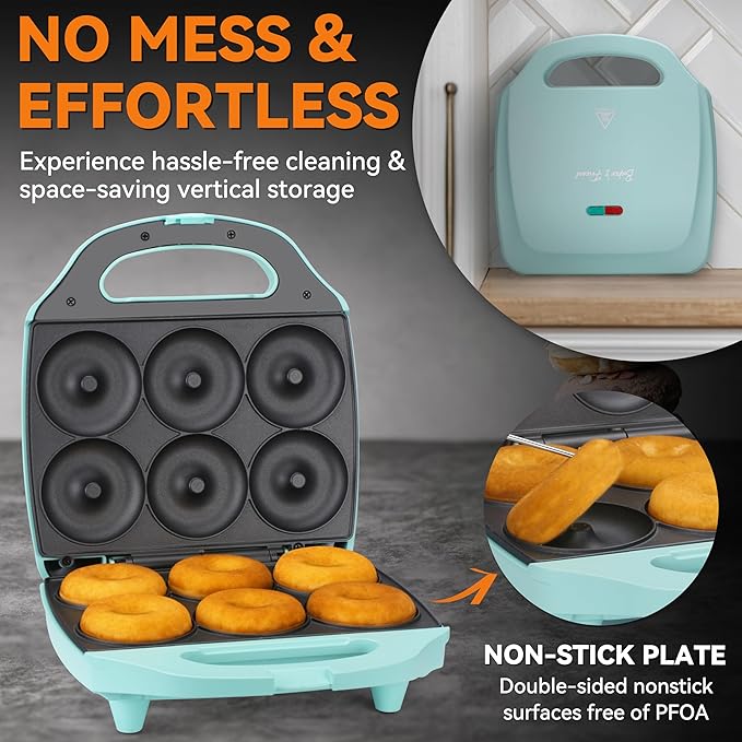 Baker’s Friend Mini Donut Maker Machine for Home, 6 x 3'' Mini Doughnut Maker Machine, Donut Maker for Kids, Maquina Para Hacer Donas, Donut Baking Pan, Donut Party, Aqua