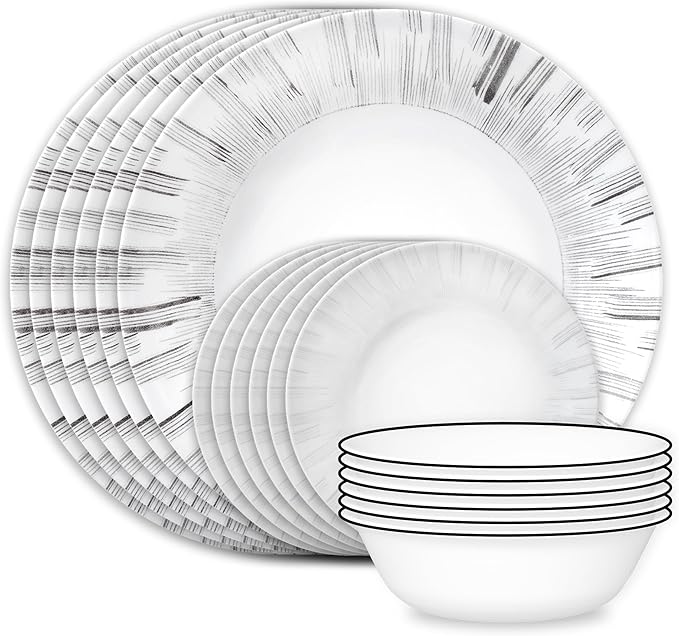 Corelle Vitrelle 18-Piece Service for 6 Dinnerware Set, Triple Layer Glass and Chip Resistant, Lightweight Round Plates and Bowls Set, Arica