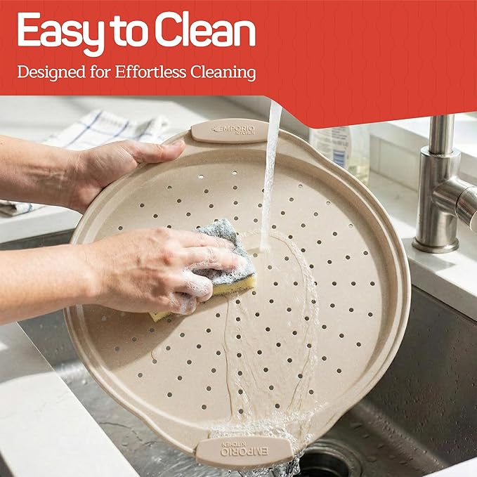 Non-Stick Pizza Pan with Silicone Handle 2 Pack, 13 Inch Round Carbon Steel Tray with Perforated Holes, Dishwasher & Oven Safe Up To 450°F, PFOAPFOSPTFE Free, Durable Nonstick White Marble Coating
