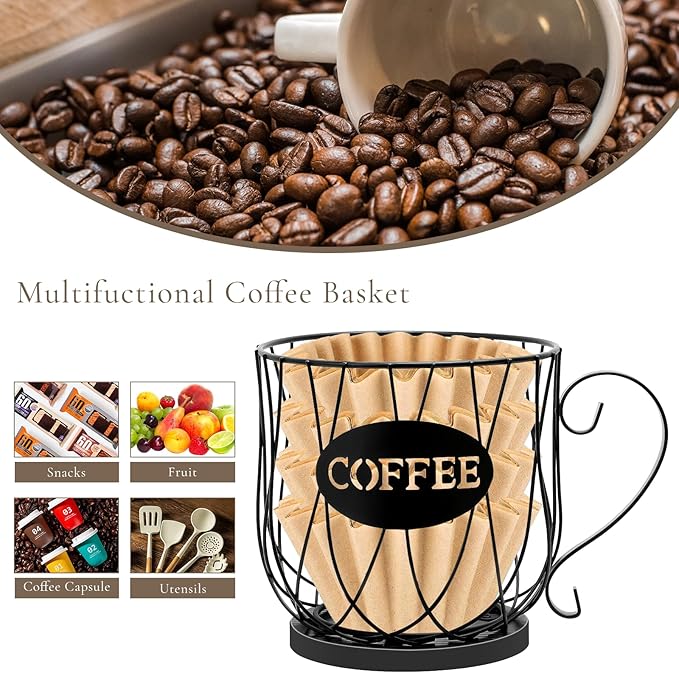 Coffee Pod Holder Organizer, Large Capacity K Cup Holder Organizer, Storage Basket for Kitchen Countertop Office Coffee Bar with Wooden Base(Rustic Black-Round)