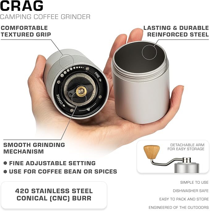 COLETTI Crag Manual Coffee Grinder — Hand Coffee Grinder — CNC Burr Precision Hand Grind, Heavy Duty for Travel, Camping, Hiking & Adventure – Includes Brush [Silver Coat]