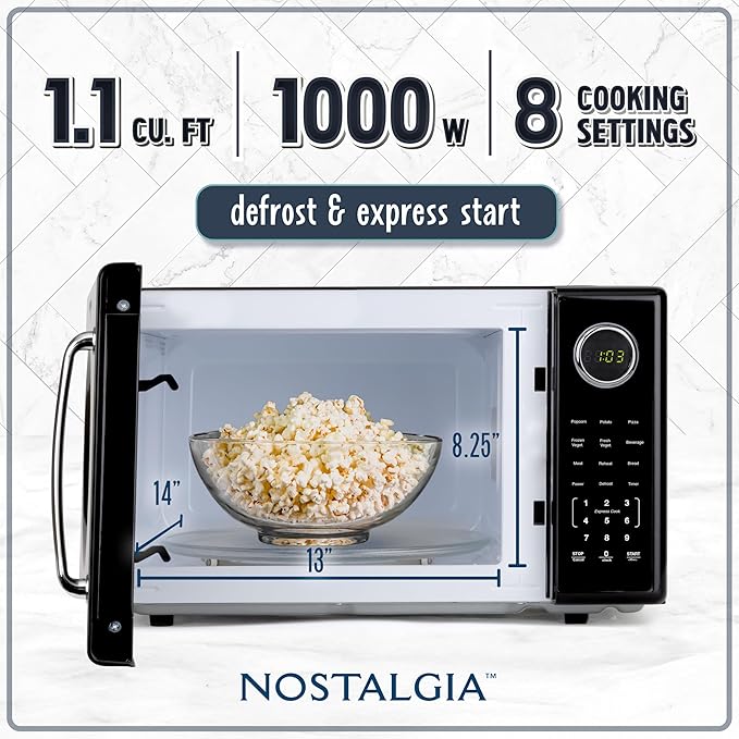 Nostalgia Retro 1000W Microwave Oven 1.1 Cu Ft Capacity – Child Safety Lock, 8 Auto-Cook Settings – Countertop Kitchen Appliance – Black