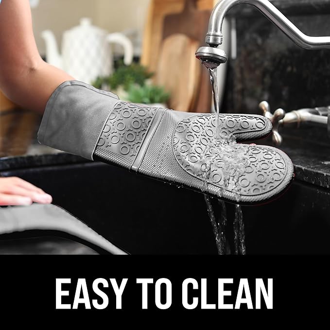 BPA-Free Soft Silicone Oven Mitts - Ultra Heat Resistant Oven Mitts with Thick Cotton Liner - Extra Long Slip Resistant Pot Holders, Flexible Oven Gloves - Gray 14.7"