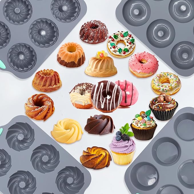 Tongjude 8 Pieces Silicone Donut Pans, Nonstick Silicone Muffin Pans, Heat Resistant Kitchen Oven Baking Cups, Dishwasher Safe and Microwave Safe, Grey