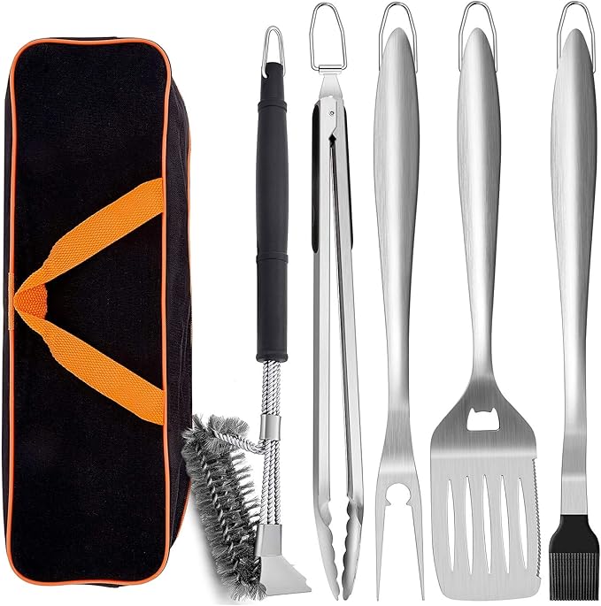 Leonyo Grill Tools Set of 6, 18Inch Extra-Long BBQ Tool Set, Heavy-Duty Barbecue Grilling Accessories, Stainless Steel Spatula, Fork, Tong, Basting Brush, Cleaning Brush, Carrying Bag