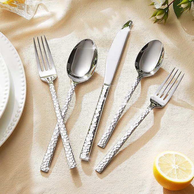 KINGSTONE 30 Piece Hammered Silverware Set, 18/10 Stainless Steel Flatware Set for 6, Cutlery Set for Home, Party, Wedding, Mirror Polished Dishwasher Safe