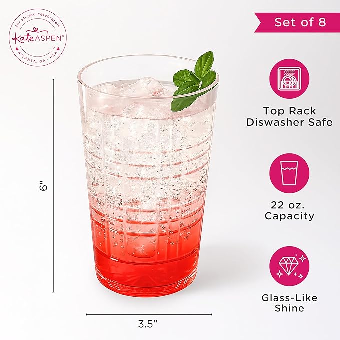Kate Aspen Clear Plaid Acrylic Glasses Drinkware, Plastic Drinking Glasses Set of 8, 22 oz, Tumblers & Water Glasses Dishwasher Safe, BPA-Free Plastic Cups Reusable for Kithchen, Outdoor, Patio