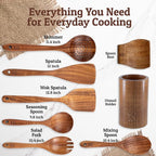 PriorityChef Wooden Spoons for Cooking, Premium 6pc Teak Wood Utensil Set with Hanging Hooks, Utensil Holder and Spoon Rest