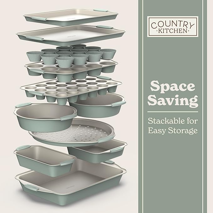 Country Kitchen Nonstick Stackable Bakeware Set - Durable, Easy Release Baking Set- 22 Pc. Includes Silicone Muffin Cups