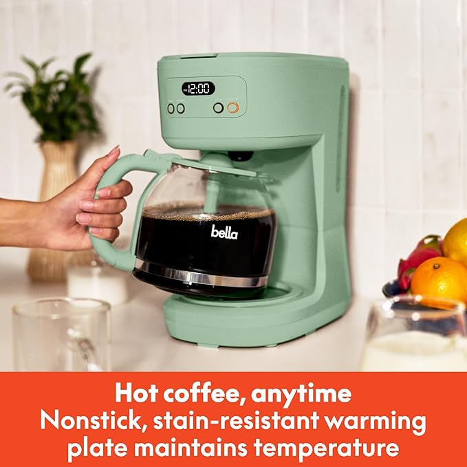 bella 12 Cup Programmable Coffee Marker, Reusable Dishwasher Safe Accessories, Easy LCD diaply, Auto Shutoff, 900 watt, Seaglass