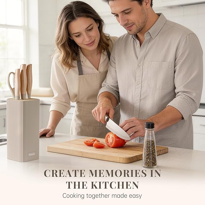 Astercook Knife Set, 6-Piece Kitchen Knife Set with Block, High Carbon Stainless Steel Ultra Sharp Kitchen Knives, Wood Grain Handle, Dishwasher Safe Knife Block Set, Khaki