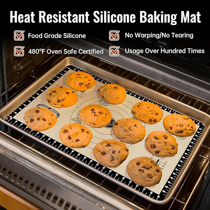 Silicone Baking Mat with 10 Recipes, Non Stick Silicone Pastry Mat, Kneading Dough Rolling Mat Silicone Mats for Baking Cookie, bread, Pizza, Surdough, Extra Thick Oven Mat & Dishwasher Safe
