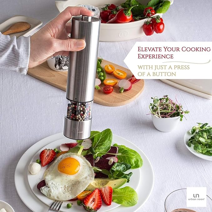 Electric Pepper Grinder or Electric Salt Grinder - Single Battery Operated Stainless Steel Salt or Pepper Mill with Light (Black) - Automatic One Handed Operation with Adjustable Ceramic Grinder