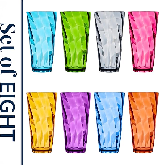 US Acrylic Optix Plastic Reusable Drinking Glasses (Set of 8) 26oz Iced-Tea Cups in Jewel Tone Colors | BPA-Free Tumblers, Made in USA | Top-Rack Dishwasher Safe