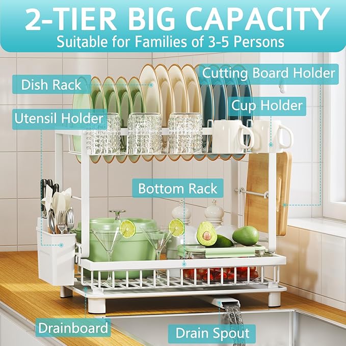 Multifunctional Dish Drying Rack - Rustproof, 2-Tier Dish Racks with Drainboard, Space-Saving Design, Utensil & Cup Holder for Kitchen Counter, White