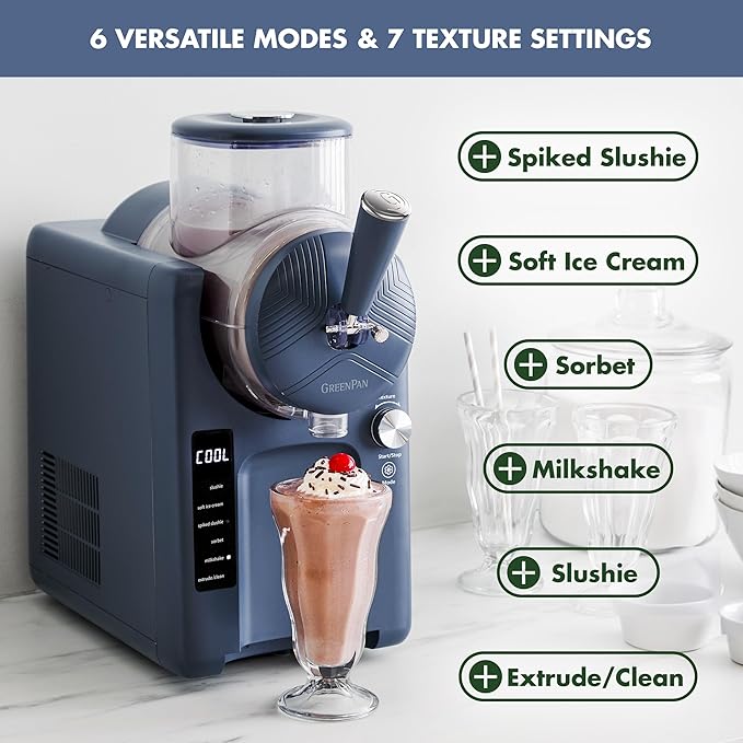 GreenPan Frost Ice Cream Maker & Slushie Machine, Soft Serve, Sorbet, Margaritas, Milkshakes, Frozen Yogurt, No Pre-Freezing, Ready in 15 Mins, 6 Modes, 7 Textures, Self-Cleaning, Family Size, Blue