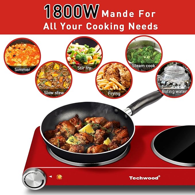 Hot Plate, Techwood 1800W Dual Electric Stoves, Countertop Stove Double Burner for Cooking, Infrared Ceramic Hot Plates Double Cooktop, Red, Brushed Stainless Steel Easy To Clean Upgraded Version, Red