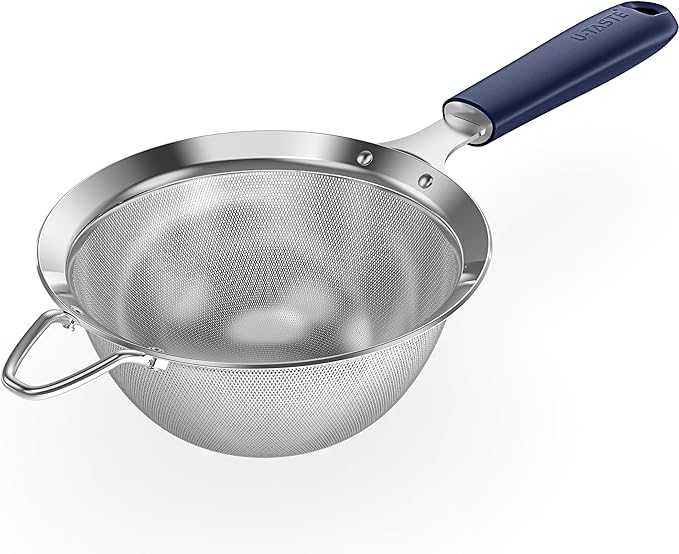 18/8 Stainless Steel Mesh Strainer: U-Taste 5.5 Inch Kitchen Fine Mesh Sieve Food Colander with Riveted Sturdy Silicone Handle and 30 Mesh Hole for Straining Flour, Pasta, Fruit, Quinoa(Midnight Blue)