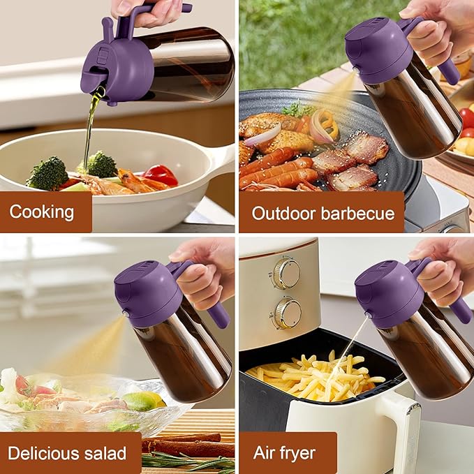 YARRAMATE 2Pcs 16oz/470ml Dark Brown Oil Sprayer for Cooking with Stickers, Food-grade Premium 2 in 1 Olive Oil Dispenser Bottle for Kitchen Gadgets, Air Fryer, Salad, Frying, BBQ (Black&Purple)