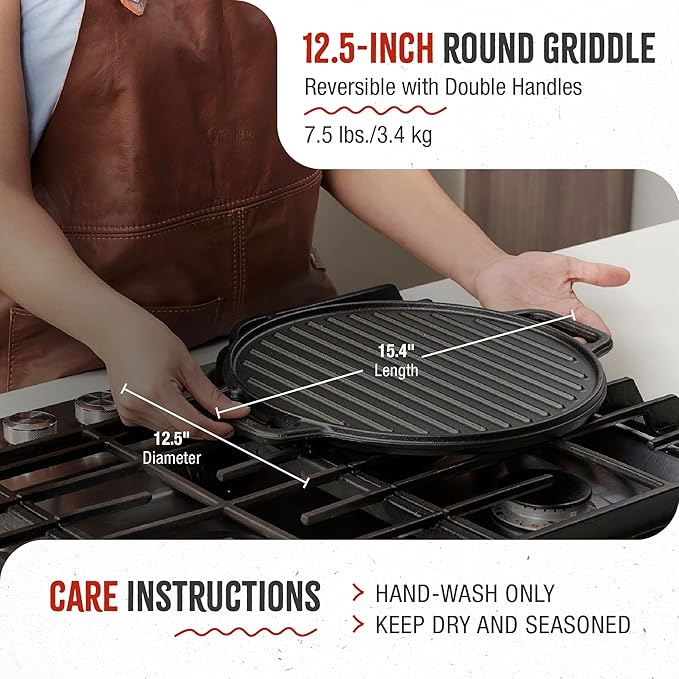 Victoria Round Cast Iron Grill. Double Burner Griddle, with Removable Coil Handles Seasoned with 100% KoBibir Certified Non-GMO Flaxseed Oil, 12.5 Inch, Black