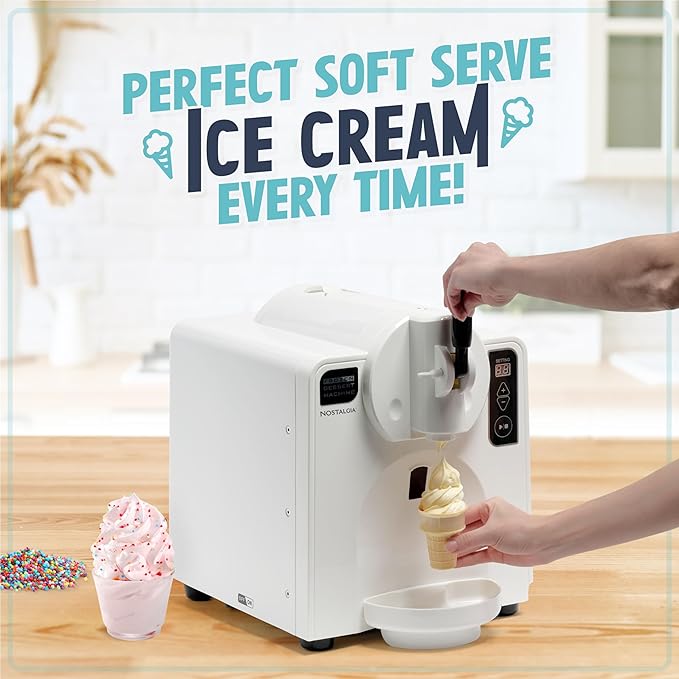Nostalgia Easy-Dispensing Soft Serve Ice Cream & Frozen Dessert Machine, Makes 1 Quart of Ice Cream, Milkshakes, Frozen Yogurt, Gelato in Minutes, Ice Cream Sandwiches, With LED Display, White
