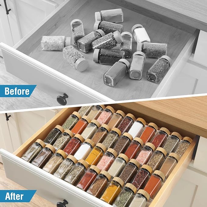 Suneerplay Spice Drawer Organizer 4 Tier, Acrylic Seasoning Organizer Rack, Clear Spice Rack Tray, Kitchen Seasoning Jars Drawers Insert (Jars Not Included/Expandable From 9" to 18")