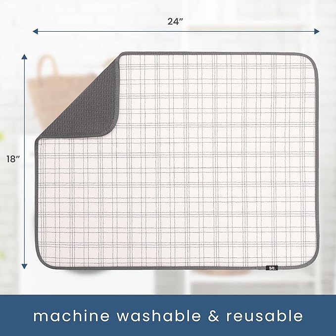 S&T INC. Dish Drying Mat XL, 18” x 24”, Absorbent Microfiber Kitchen Counter Mat, Dish Drying Pad for Dishes, Utensils, Pots and Pans, Extra Large, Stitched Plaid