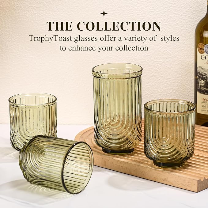 Green Vintage Drinking Glasses Set of 6-17oz Hand-Blown Highball Ribbed Glassware, Arch Design Cocktail Glasses for Whiskey Water Beverages Ice Coffee Juice Milk