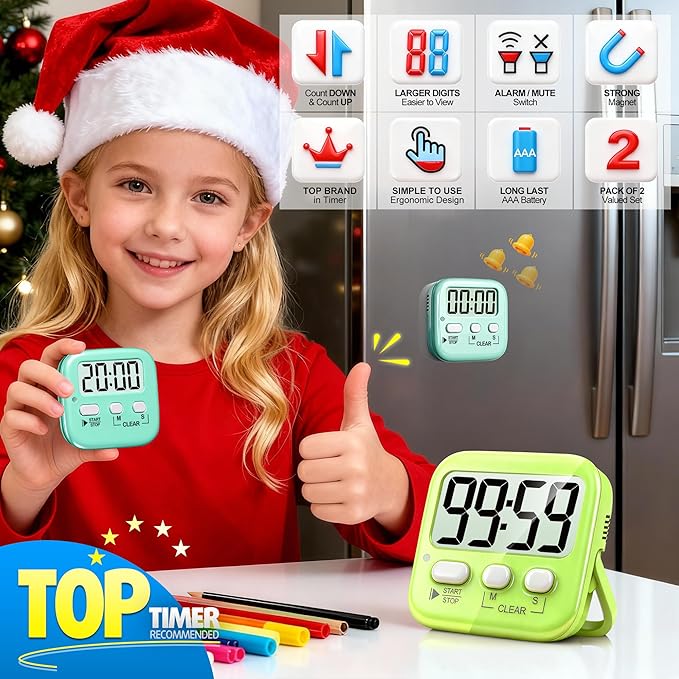 Antonki 2 Pack Digital Timer for Kids, Magnetic Countdown Kitchen Timers for Cooking, Egg, Classroom, Teacher, Exercise, Study, Oven - Battery Included