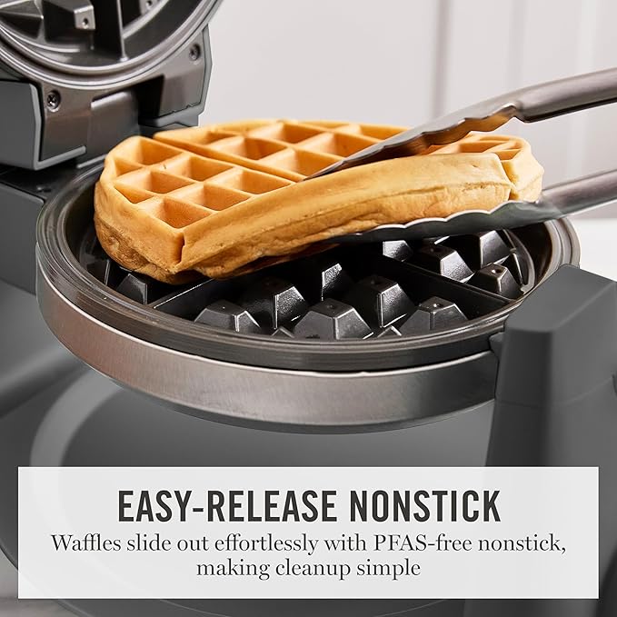 Martha Stewart Rotating Waffle Maker, 180° Flip Iron with PFAS-Free Nonstick Plates, Adjustable Timer, Ready Light, Drip Tray, Space Saving, Classic Round 7”, Easy to Clean, Stainless Steel, Caviar