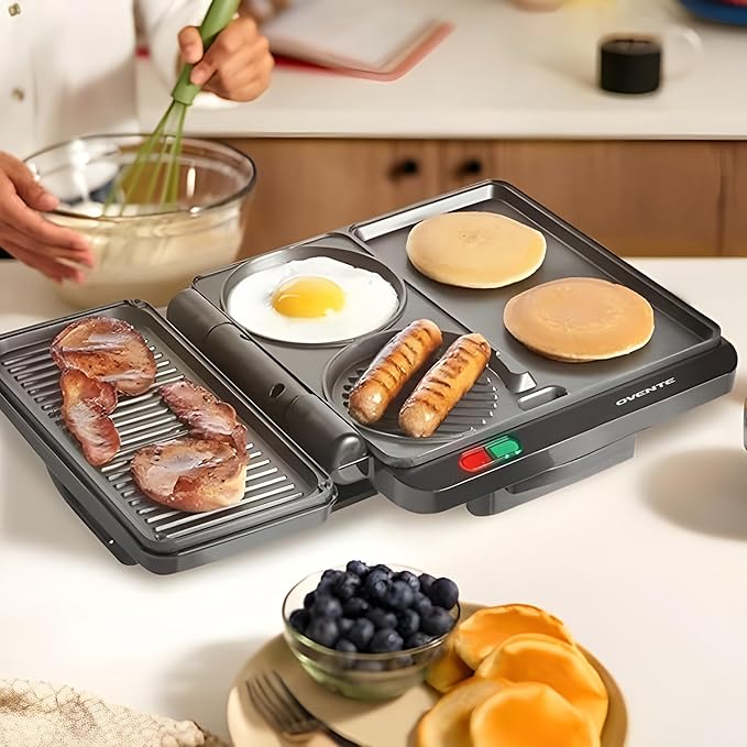 OVENTE Sandwich Maker and Hamburger Grill Machine with Non-Stick Griddle and Griller Plate, 1000W Electric Multipurpose Breakfast Station for Sandwiches, Burgers, Egg Muffin & Pancakes, Black HMG111B