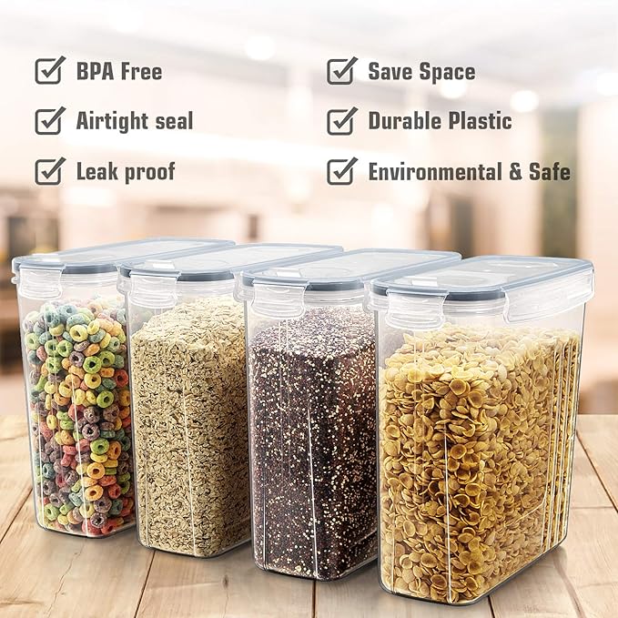 Wildone Cereal Storage Containers Set, Large BPA Free Plastic Airtight Food Storage Containers 4L /135.3oz for Flour, Sugar, 6 Piece Set Cereal Dispensers with 20 Labels & Marker, Grey