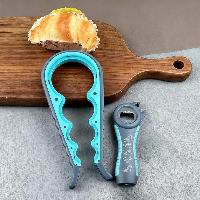 Jar Opener for Seniors with Arthritis,Jar Opener for Weak Hands,5-in-1 Bottle Opener,4-in-1 Can Opener (A-Blue)