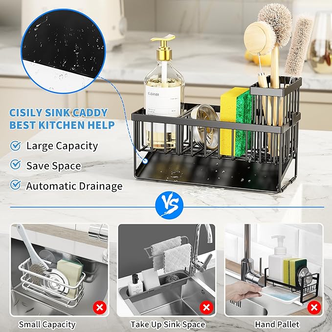 Cisily Sink Caddy Sponge Holder for Kitchen with Brush Holder and Stainless Steel Self Drain Tray, Rustproof Kitchen Sink Organizer for Sponge, Soap Dispenser Storage Accessories
