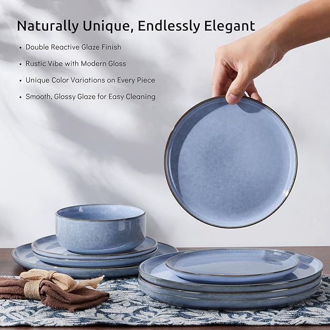 E-far Dinnerware Sets for 6, 18-Piece Plates and Bowls Set, Reactive Glaze Dishes, Stoneware Dinning Ware Set, Microwave & Dishwasher Safe - Ocean Blue