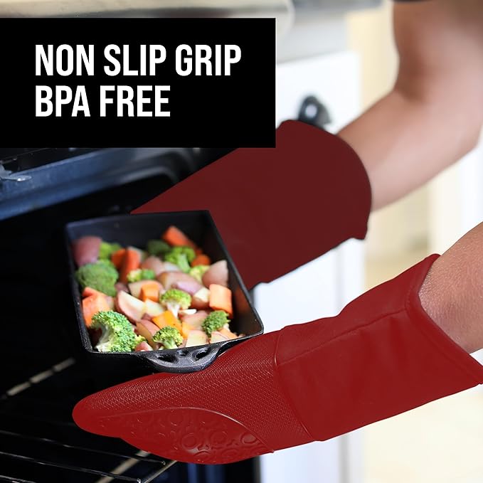 BPA-Free Silicone Oven Mitts Ultra Heat Resistant up to 500°F - Oven Mitts with Thick Cotton Liner - Long Slip Resistant Pot Holders, Flexible Oven Gloves - Empire Red 13.7