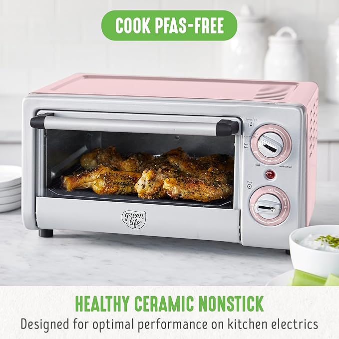 GreenLife Countertop Toaster Oven Air Fryer Stainless Steel, Healthy Ceramic Nonstick, PFAS Free, Tray & Basket, Bake, Broil, Reheat, Adjustable Temp & Time Control, Auto Shutoff, Pink