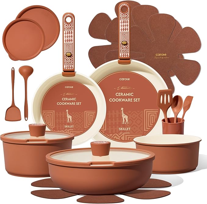 CAROTE 21-Piece Ceramic Cookware Set, Nonstick Pots and Pans Set with Detachable Handle, Non-Toxic Kitchen Cooking Set, Induction Compatible, Dishwasher & Oven Safe, Terracotta