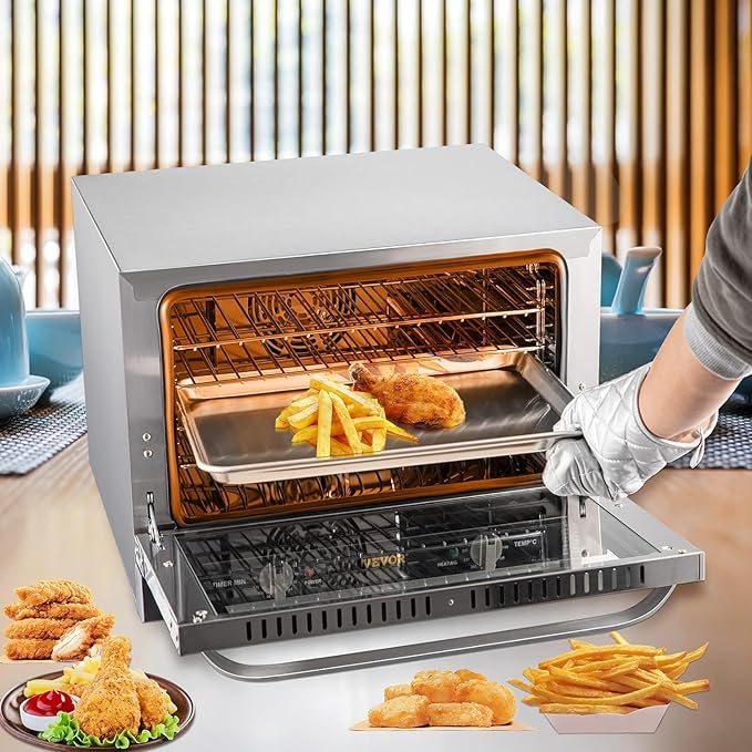 VEVOR Commercial Convection Oven, 66L/60Qt, Half-Size Conventional Oven Countertop, 1800W 4-Tier Toaster w/Front Glass Door, w/Trays Wire Racks Clip Gloves, 120V