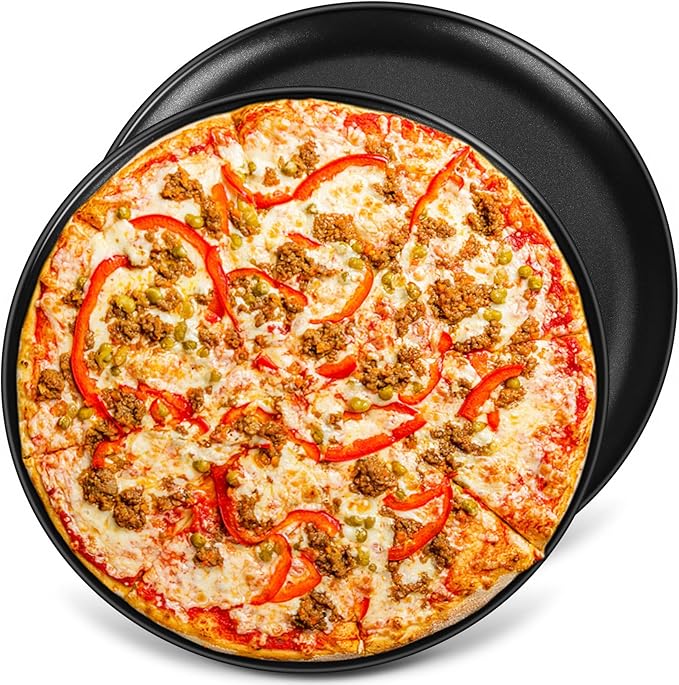 P&P CHEF Pizza Pan Set of 2, Stainless Steel Pizza Tray, Round Pizza Plate For Pie Cookie Pizza Cake, Non Toxic & Heavy Duty, Dishwasher Safe & Easy Clean, 13.5 Inch & Black