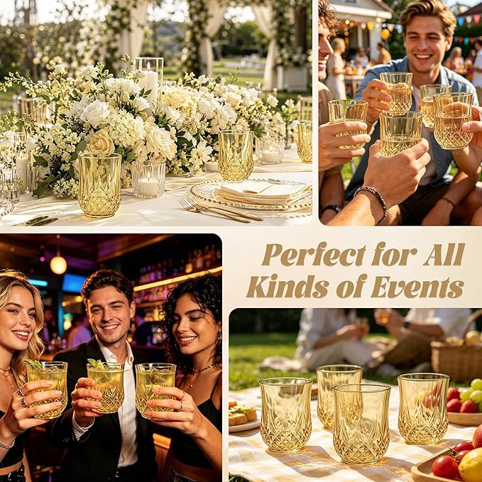 40 Pack Plastic Stemless Wine Glasses,12oz Unbreakable Vintage Elegant Drinking Glass Set,Reusable Fancy Cocktail Cups for Party, Wedding, and Bulk Events (40, 12oz-Gold)