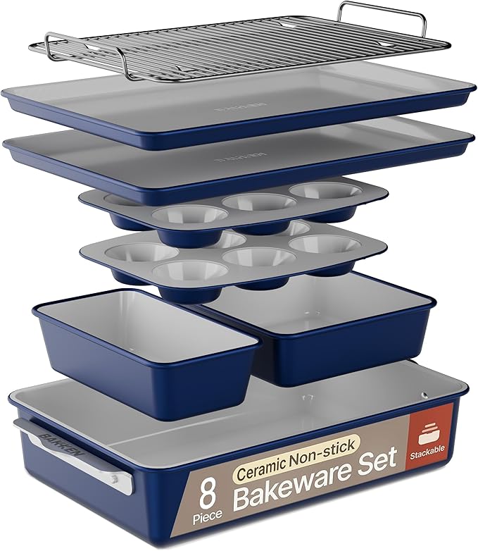 Bakken 8-Piece Stackable Bakeware Set - Ceramic Non-Stick Coating, Baking Sheets, Assorted Baking Pans, PTFE, PFOA & PFOS Free - Healthy Baking, Ergonomic Handles, Cooling Rack, Non-Toxic, Oven-Safe
