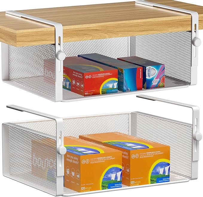 AmonHouseware 2Pack Under Shelf Basket Organizer,Adjustable Hanging Holder for Cabinet Pantry Kitchen Cupboard Desk Counter Bookshelf Organization Add-on Space Saver Heavy Duty Slide-in (White, Large)