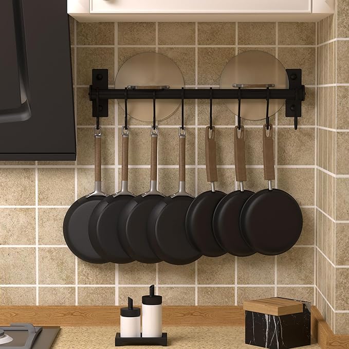 Dseap Kitchen Utensil Holder Hanger, Pot and Pan Rack Wall Mounted, Kitchen Rail with 8 Hooks for Hanging Cooking Utensils, Mugs, Spoons, Wall Mounted, Black