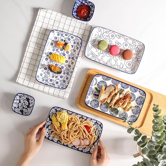 Selamica Ceramic Rectangular Salad Plates Set of 4, 8 Inch Small Serving Plates for Appetizers, Sushi, Fruit, Vintage Blue
