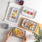 Selamica Ceramic Rectangular Salad Plates Set, Dinner Plate 9.4 Inch Dessert Plates for Party Entertaining, Small Serving Plates for Appetizers, Sushi, Fruit, Set of 4, Vintage Blue