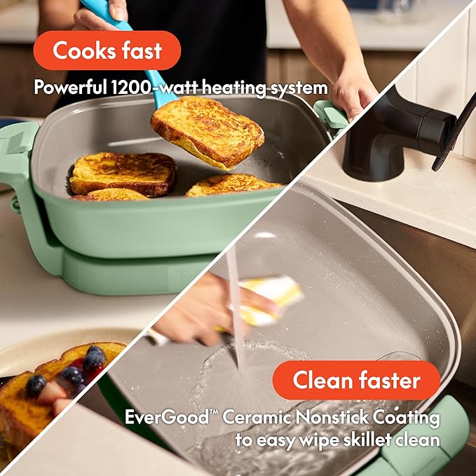 bella Make & Take Electric Skillet, Fits-anywhere™ kitchenware, EverGood™ Ceramic Coating, Adjustable Temperature & Dishwasher-Safe Tempered Glass Lid, Cast Aluminum Base, 1200 Watt, Seaglass
