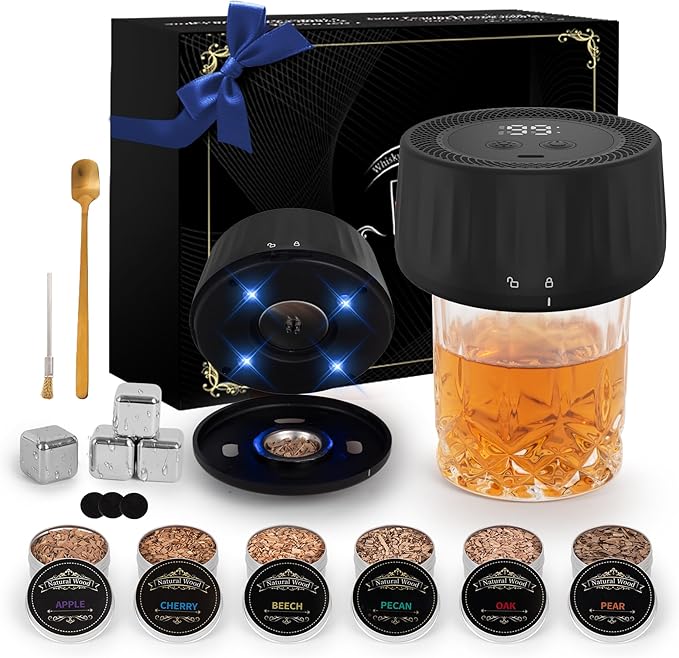 Electric Whiskey Smoker Kit with Led Lights, 4 Reusable Ice Cubes and 6 Flavors Natural Wood Chips, Old Fashioned Bourbon Smoker Kit for Home Bar, Bourbon Whiskey Gifts for Men, Dad, Husband