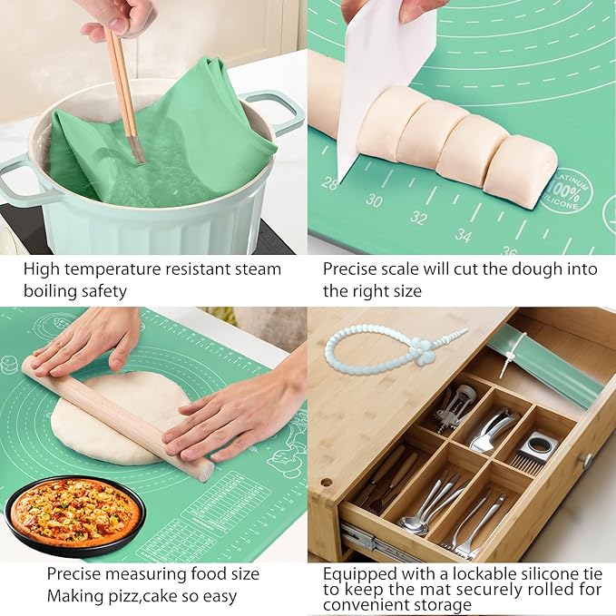 Silicone Pastry Mat 28" x 20" Extra Thick Non Stick Baking Mat with Measurements and Edge Heightening, Food Grade Silicone Rolling Mat for Pastry, Bread, Cookies, Pizza, Fondant, Pasta - Green